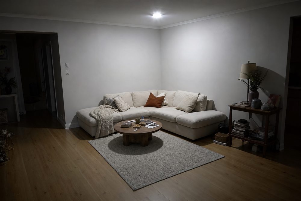 A living room corner with harsh overhead lighting and clutter on a side table