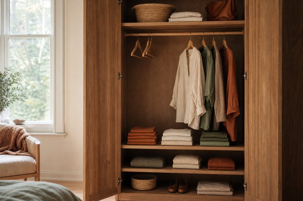An open wooden wardrobe with a small, curated set of folded clothes