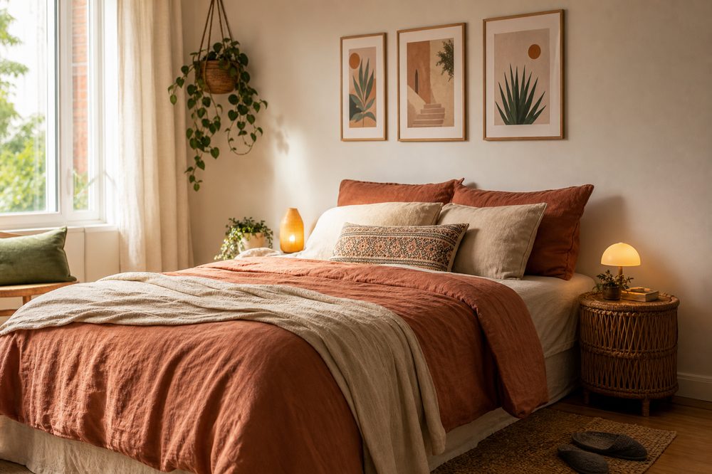 A cosy rented bedroom personalised with textiles, prints and a small lamp
