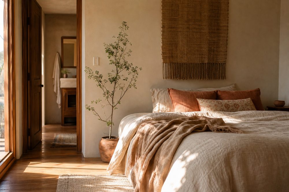 A calm bedroom bathed in morning light