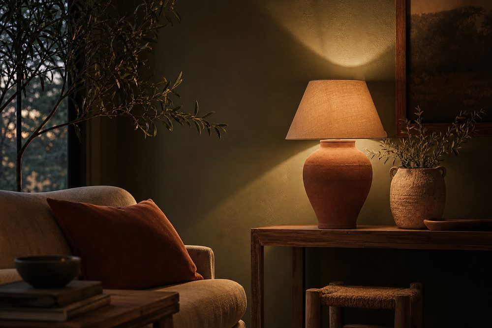 Warm lamplight against a sage green wall