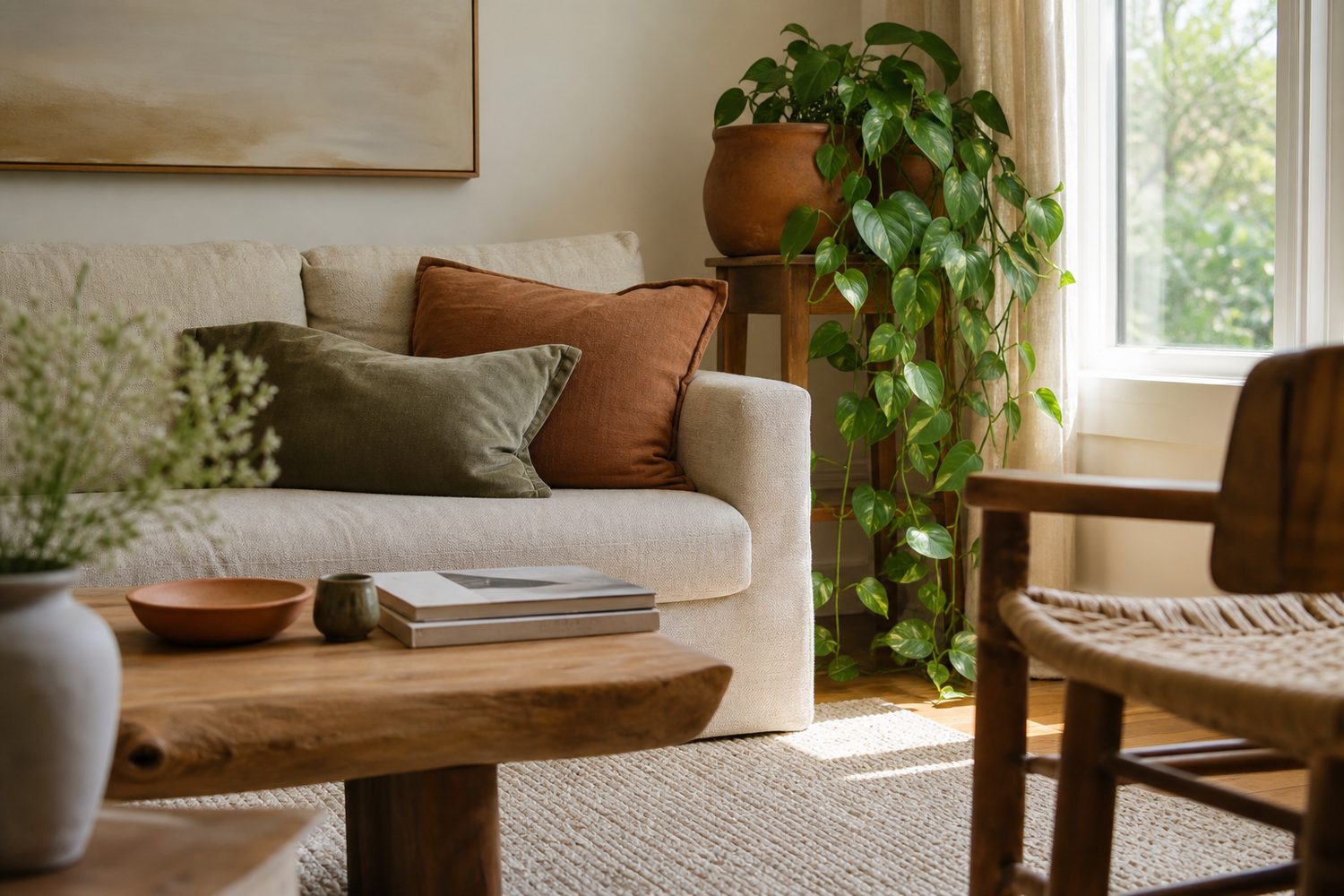 A sunlit living room with linen sofa, a low wooden table and a trailing plant by the window